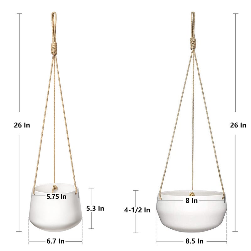 Mkono Ceramic Hanging Planter of Shallow 8 Inch and Deep 6 Inch for Indoor Outdoor Plants, Set of 2 Modern Plant Pot Geometric Porcelain Hanging Basket with Polyester Rope Hanger - Image 4